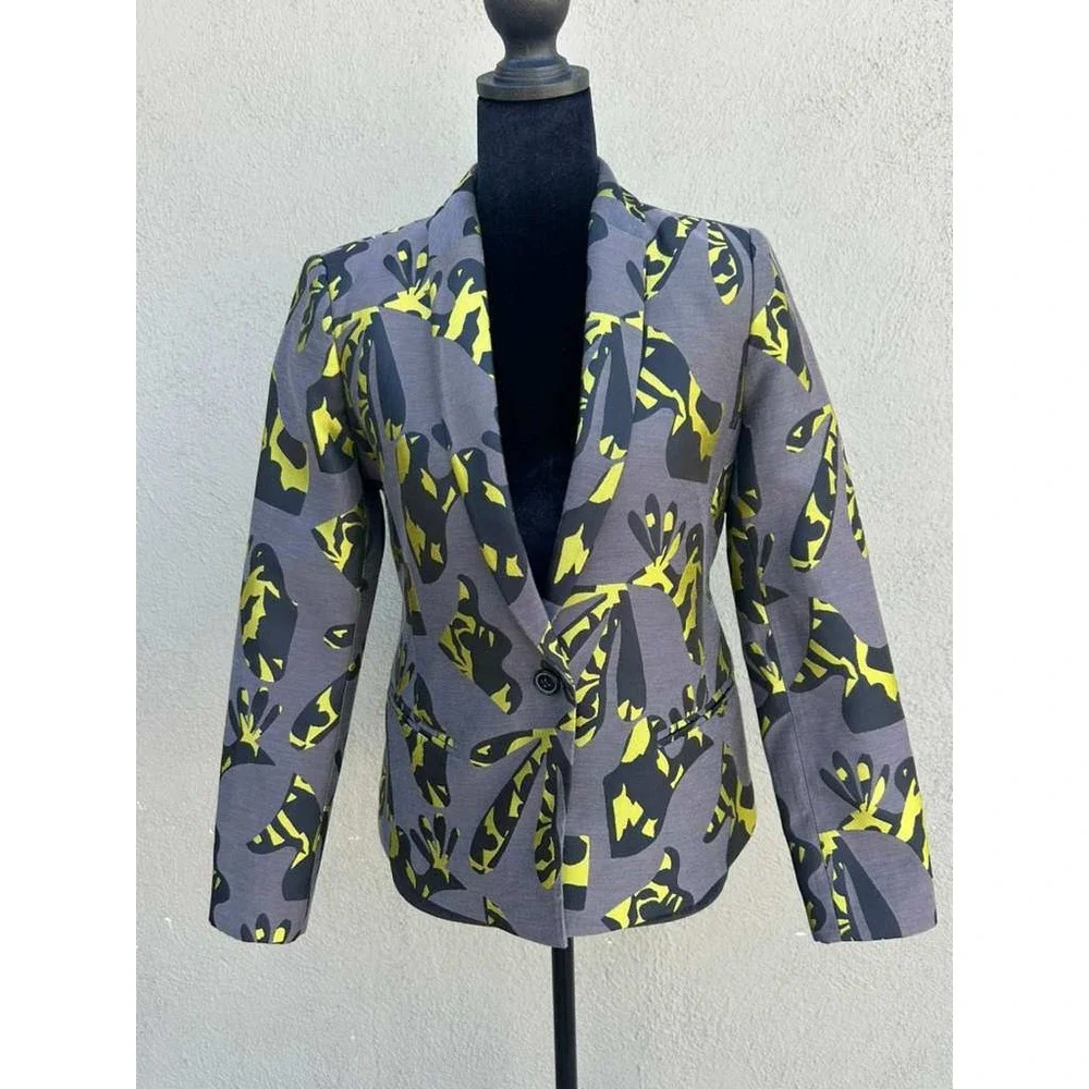 Banana‎ Republic Womens Gray Neon Yellow Abstract Floral Blazer Jacket Size 2